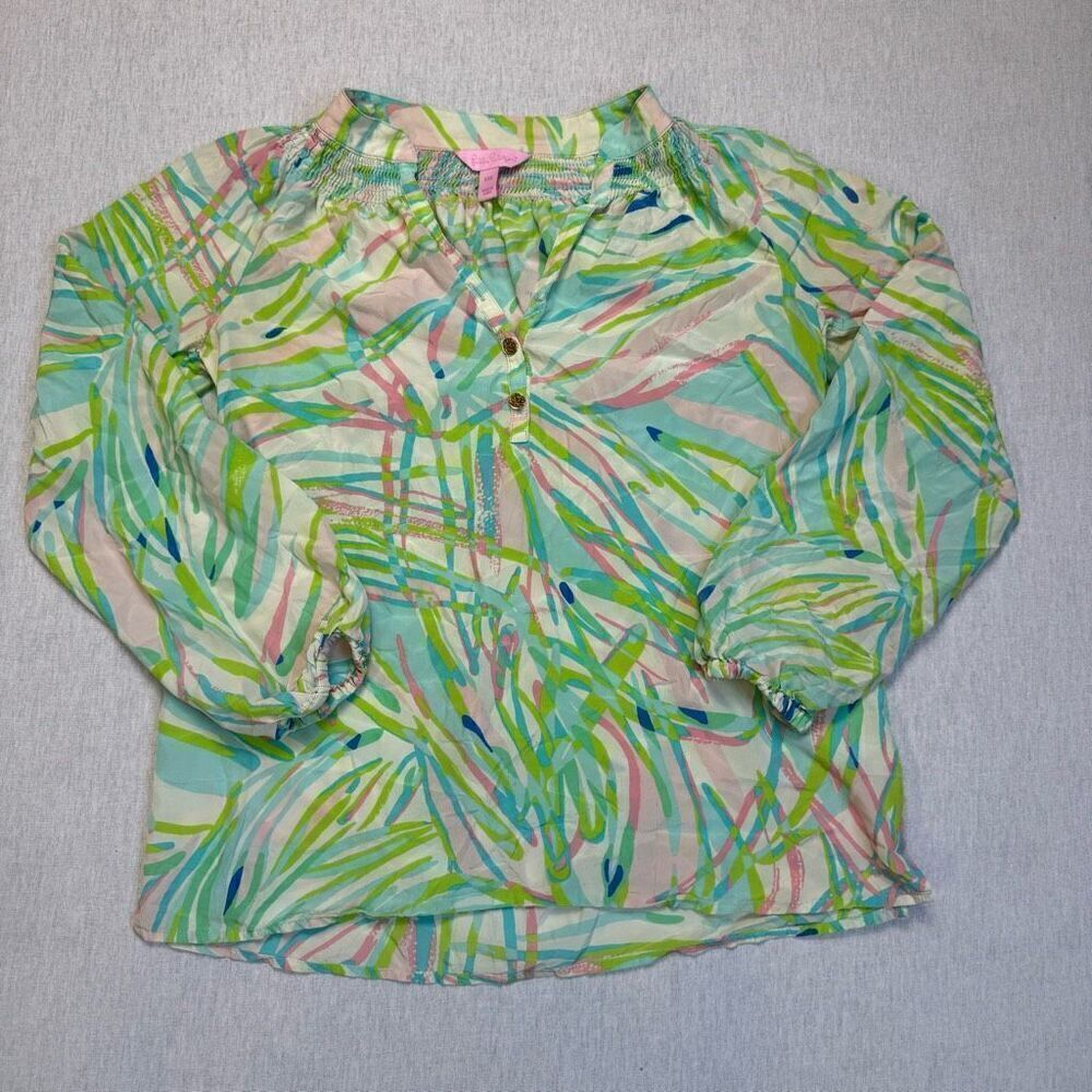 Lilly Pulitzer Women's Elsa 100% Silk Long Sleeve Shirt Green/Pink Sz XXS